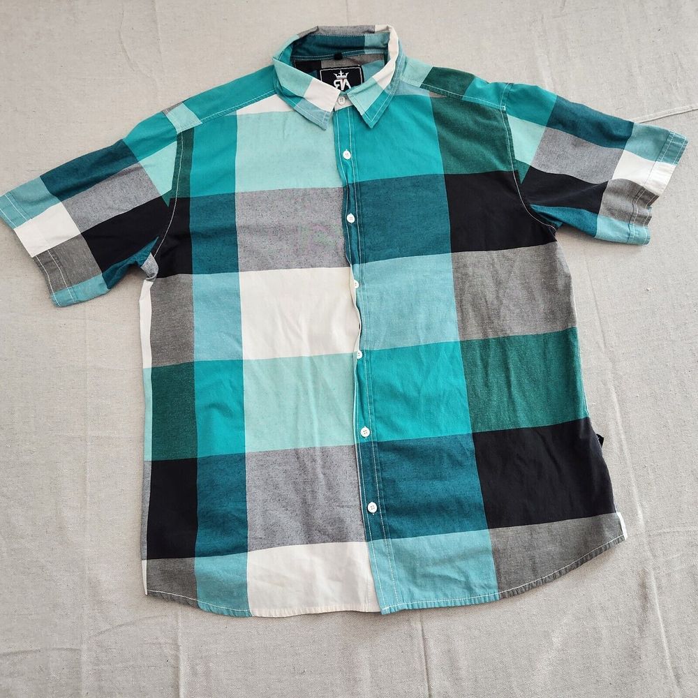 Red Ape Shirt Mens Green Colorblock Plaid Short Sleeve Button Up Casual
